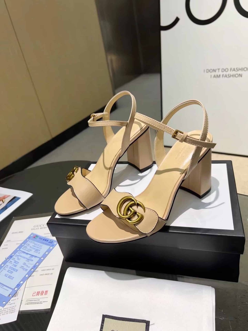 Gucci Leather Mid Heel Sandal Beige view 4