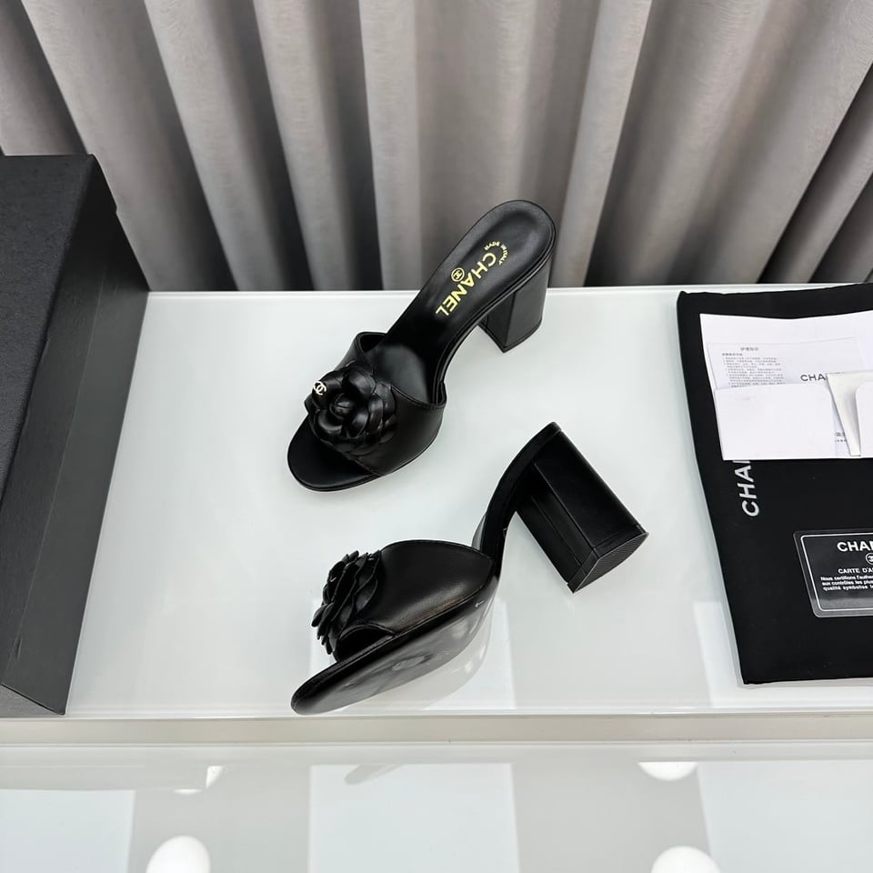Chanel Camellia Medium Heel Slippers Black view 6