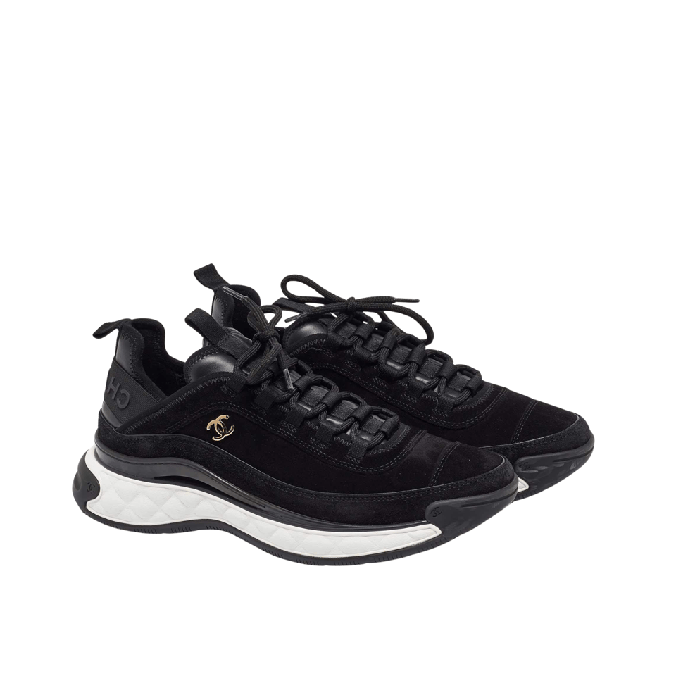 Chanel CC Logo Black Knit &amp; Leather Chunky Sneakers G39763