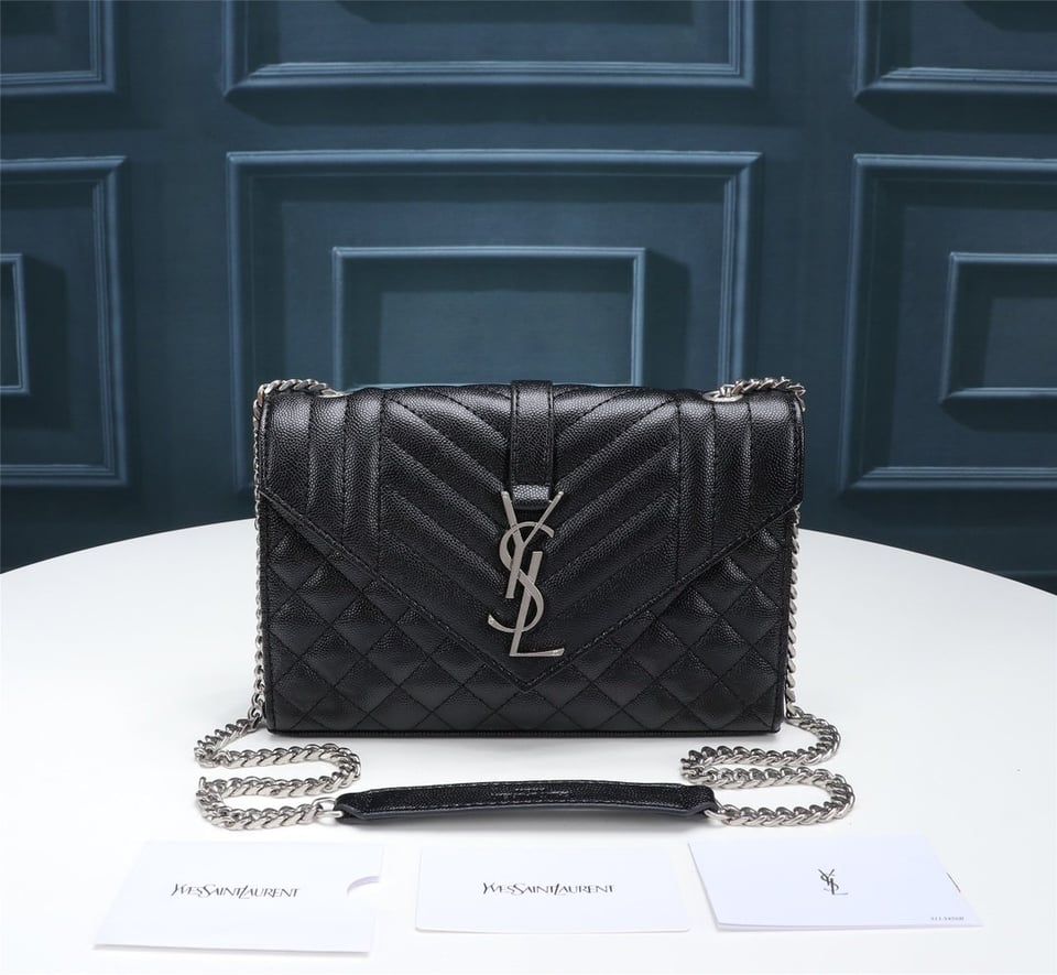 Saint Laurent Envelope Small Bag In Mix Matelasse Grain De Poudre Embossed Black Silver view 3