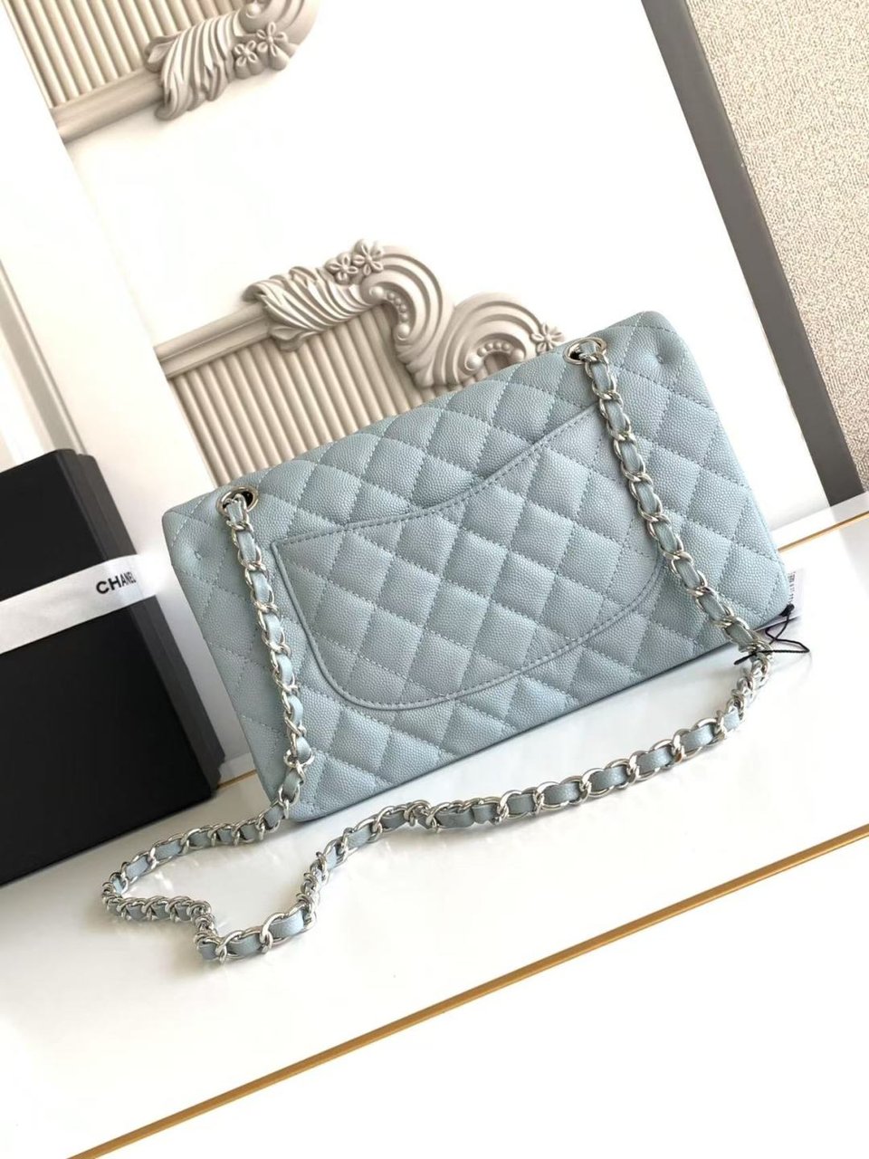 Chanel Classic Flap Bag 25 cm Light Blue Caviar Silver-Tone Hardware A01112 view 11