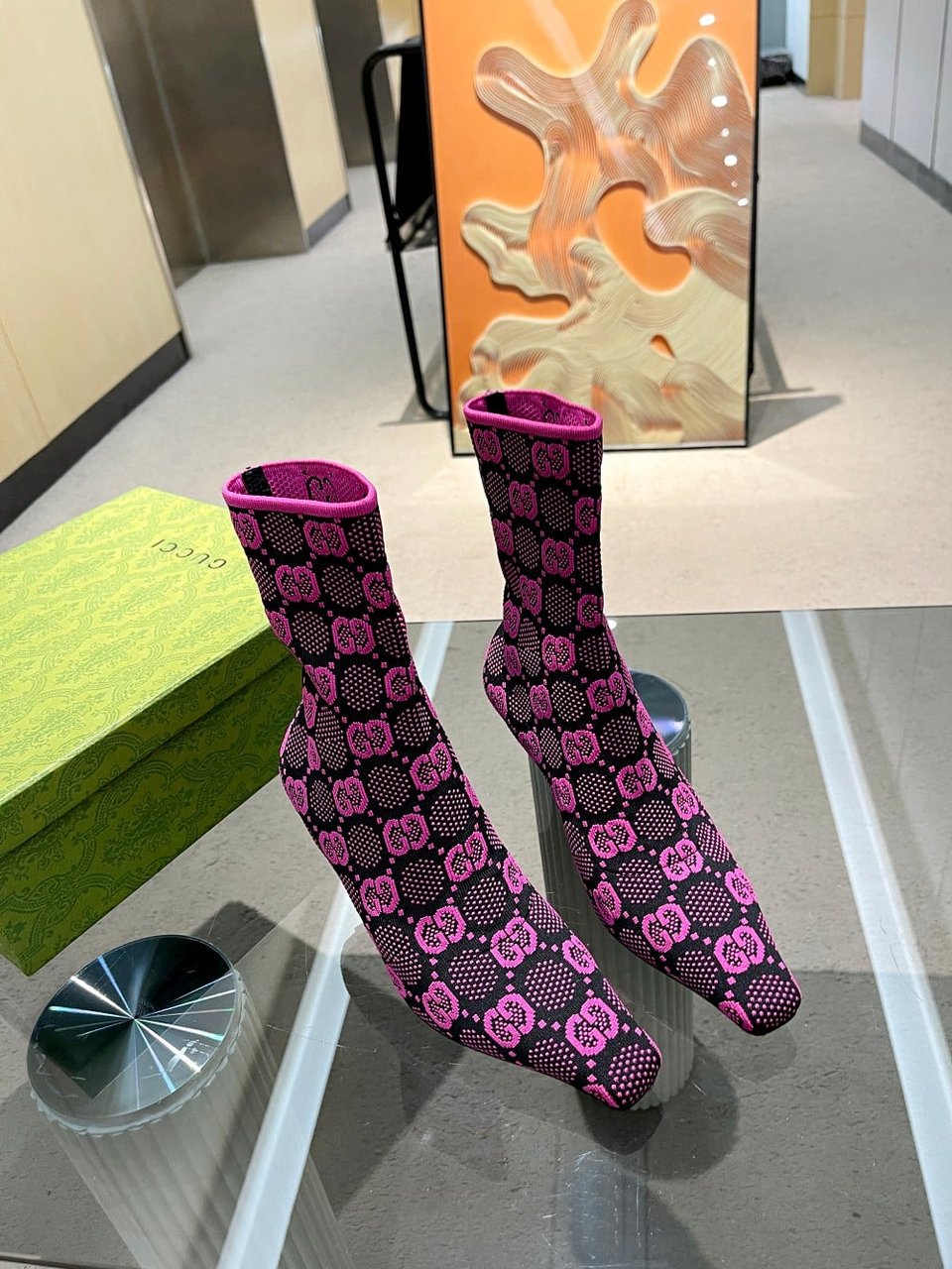 Gucci Gg 75Mm Knit Ankle Boots Black Fluorescent Pink Fabric 718378 Faaqp 8610 view 4