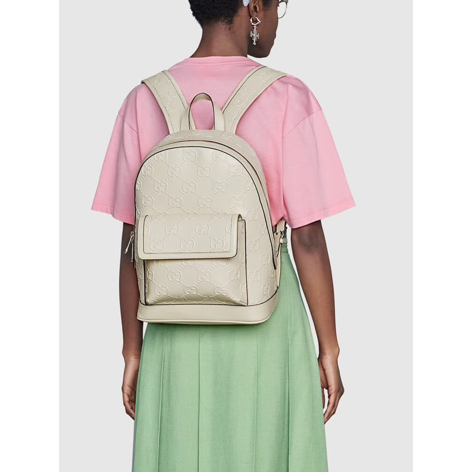 Gucci GG Embossed Backpack in White Leather view 3