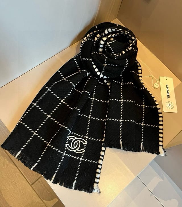 Chanel Cashmere Scarf Checkered Black For Women 185cm
