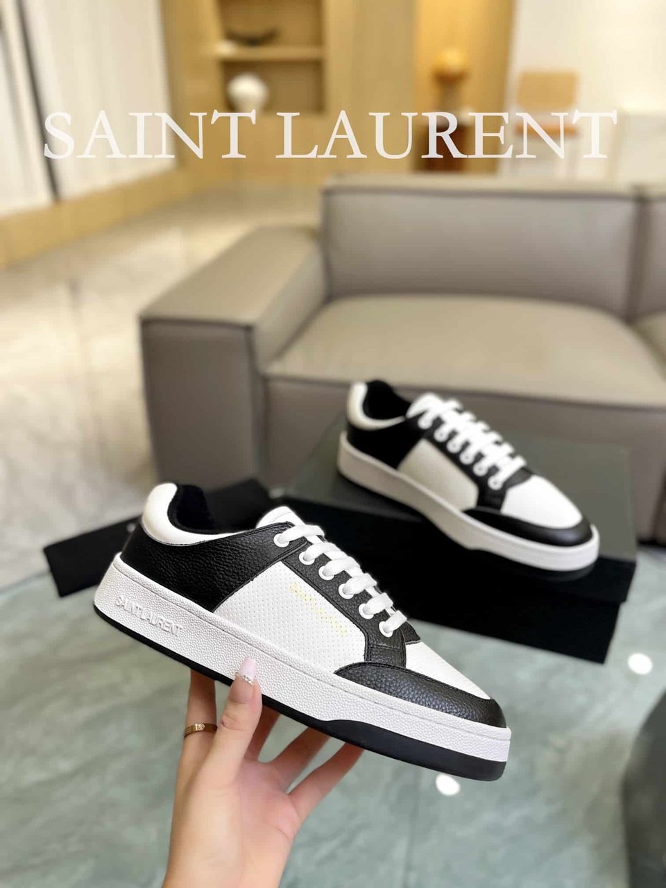 Saint Laurent Perforated Leather Sneakers Black And White view 6