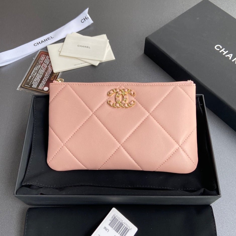Chanel 19 Zipped Wallet 20Cm Light Pink Calfskin Gold Hardware