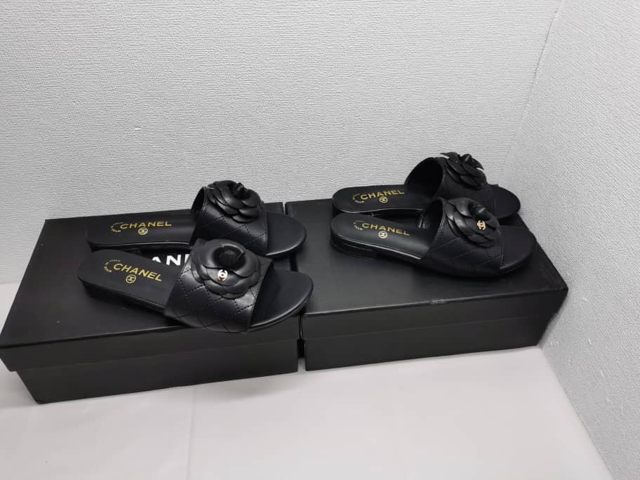 Chanel Camellia Leather Slides Black view 5