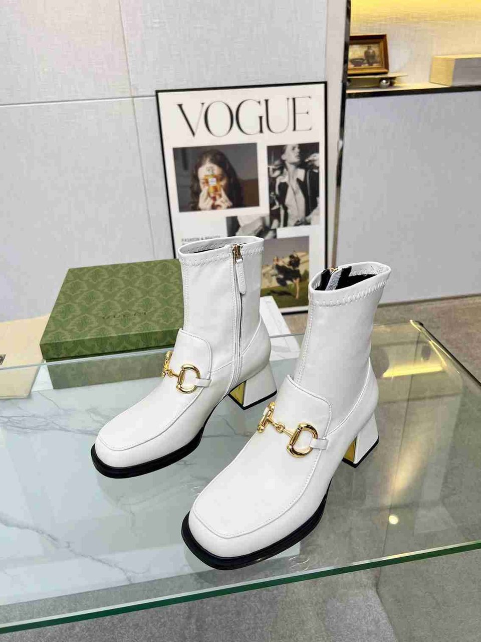 Gucci Horsebit Plaque Ankle Boots Off White view 3