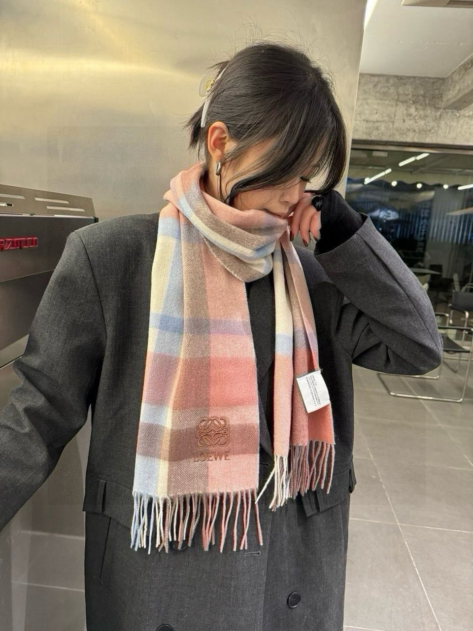 Loewe Wool Scarf Plaid Pink For Women 180cm view 3