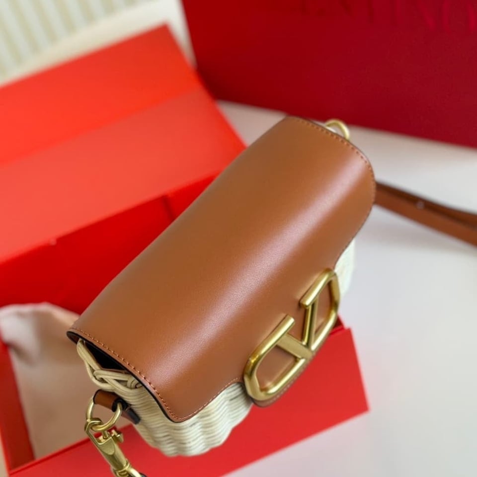 Valentino Loco Vlogo Flap Straw Shoulder Bag Brown 18Cm view 8
