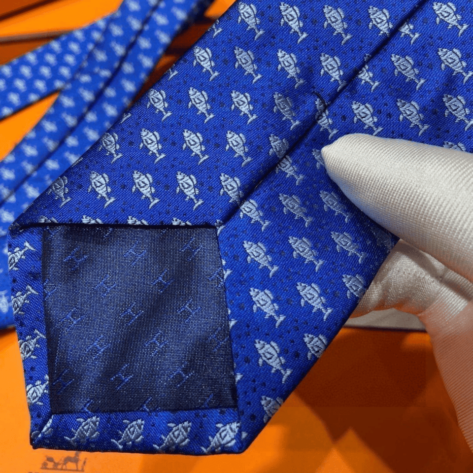 Hermes Navy Blue Fish Pattern Canvas Tie For Men view 6