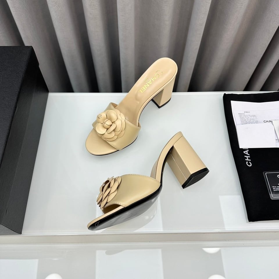 Chanel Camellia Medium Heel Slippers Beige view 9