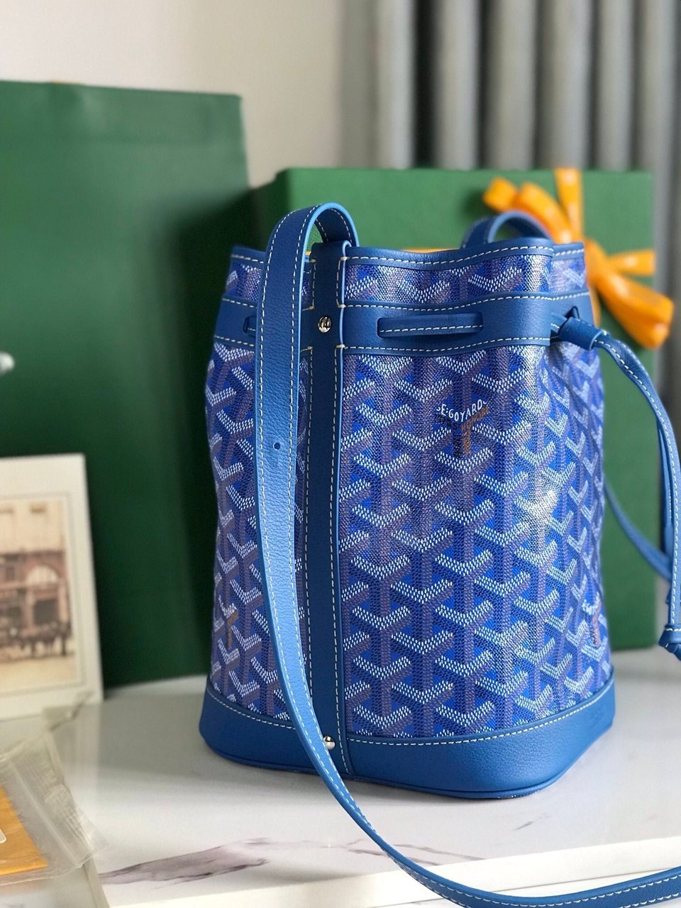 Goyard Petit Flot Bucket Bag 22 Cm Sapphire Blue Goyardine Canvas And Lambskin Trim view 3
