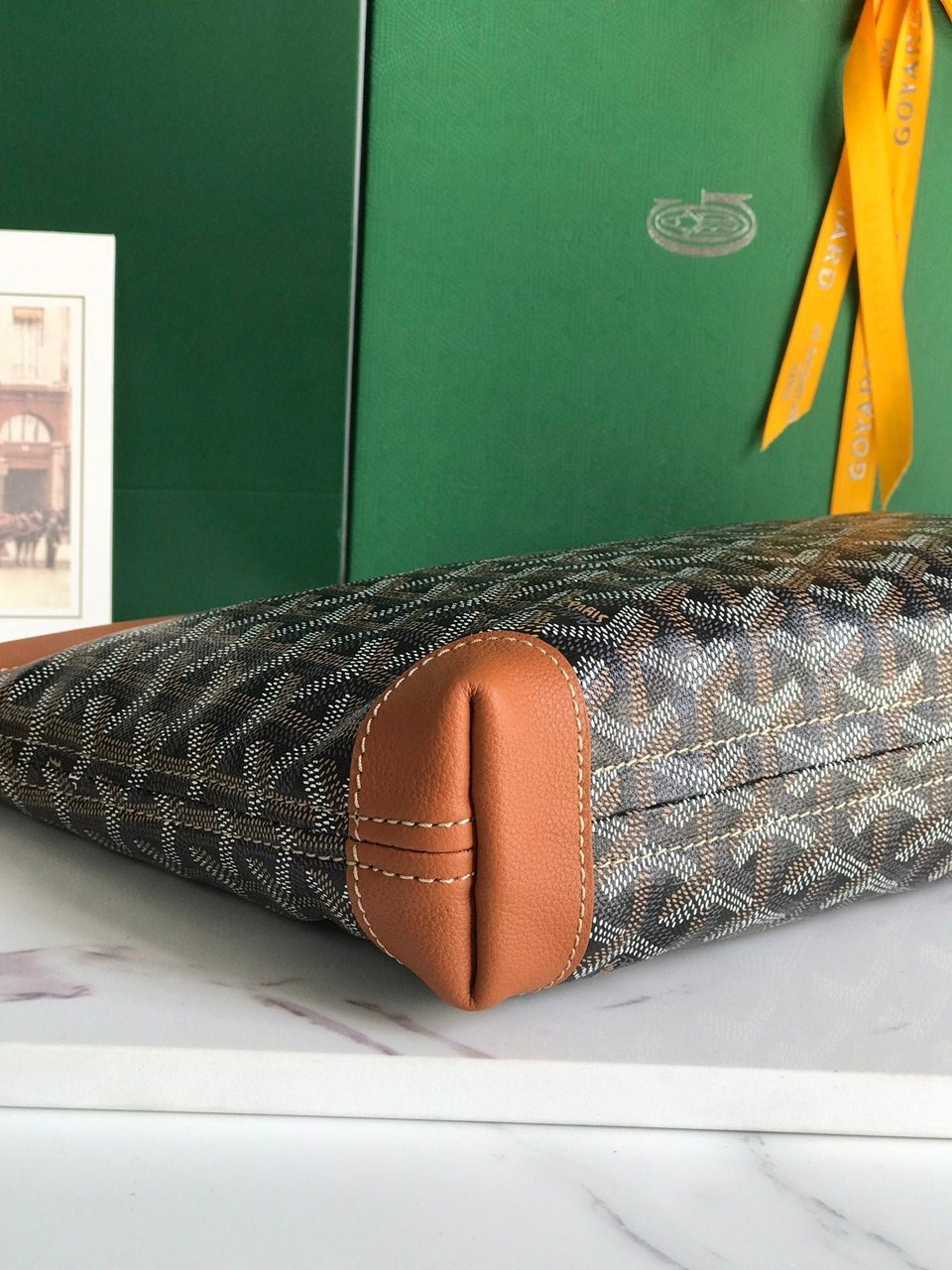 Goyard Conti Pouch 24 Cm Tan Lambskin And Black Goyardine Canvas view 3