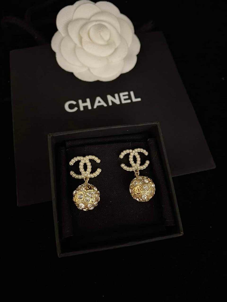 Chanel New Cc Gold Ball Crystal Pearl Drop Earrings view 5
