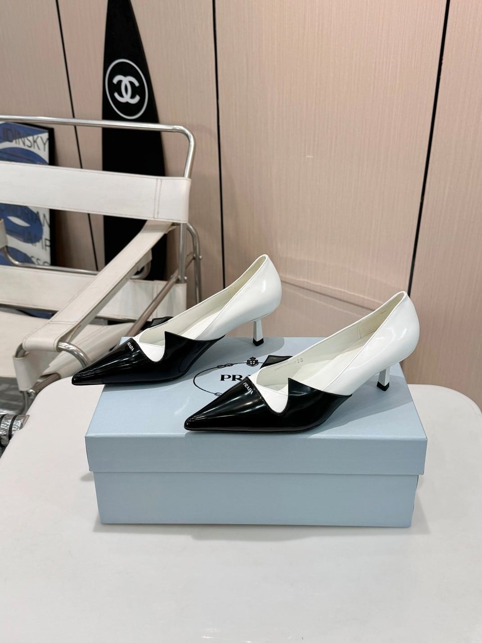 Prada Two Tone Toe Kitten Heels In Black And White view 6
