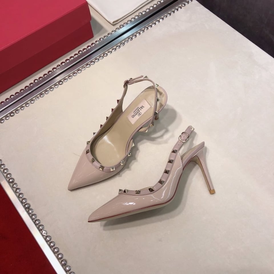 Valentino Garavani Rockstud Patent Leather Strap Pump Beige view 7