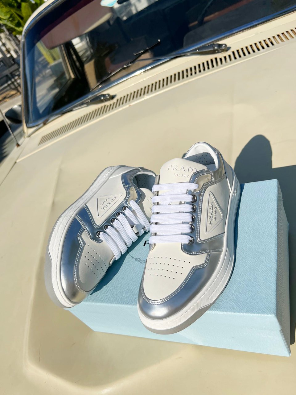 Prada District Perforated Leather Sneakers Sliver view 6
