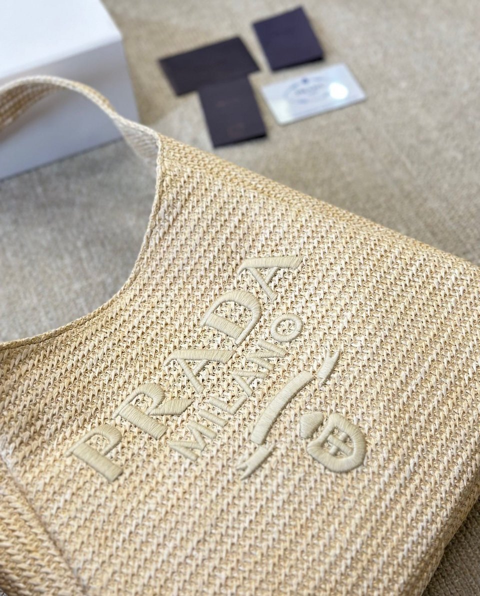 Prada Logo Embossed Raffia Shoulder Bag Beige 33Cm view 10