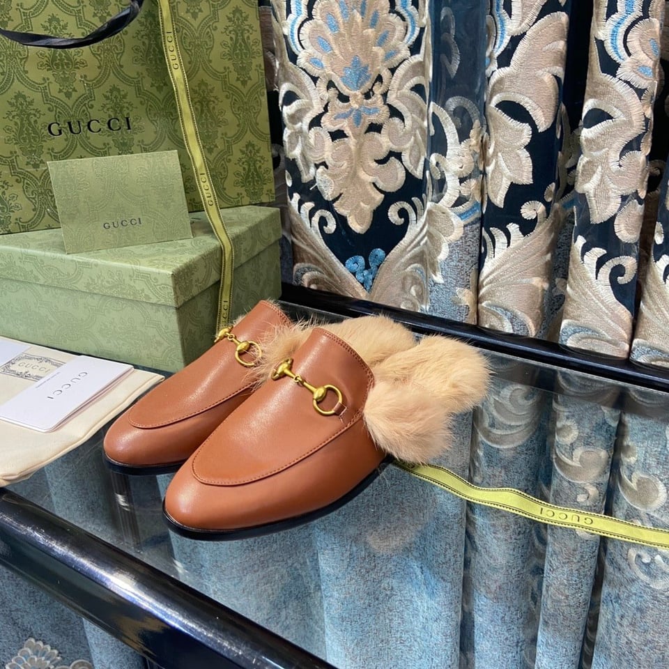 Gucci Princetown Furlined Leather Slippers In Brown view 3