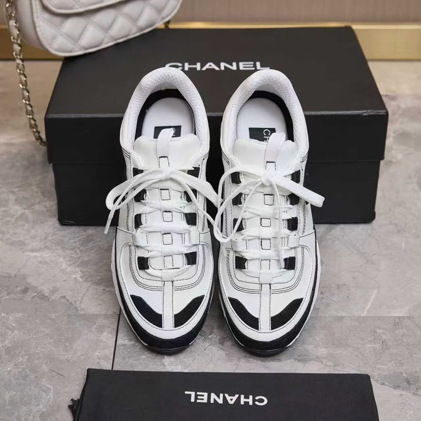 Chanel Lace Up Sneakers White Black view 8