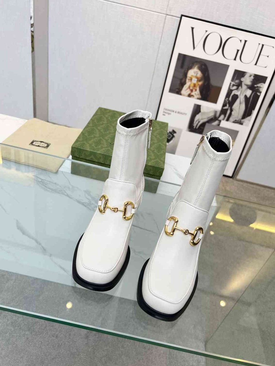 Gucci Horsebit Plaque Ankle Boots Off White view 5