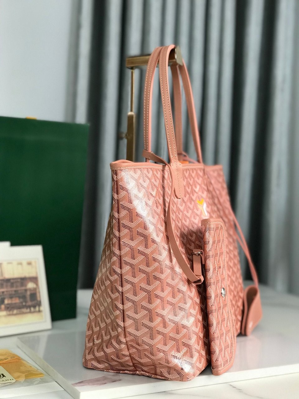 Goyard Saint Louis Pm Bag 34Cm Pink Canvas Chevroches Calfskin view 5