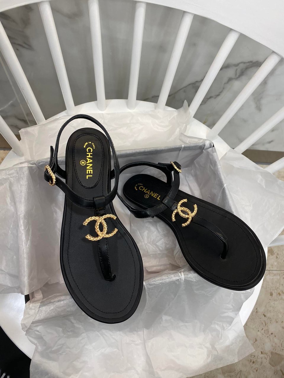 Chanel Gold Cc Logo Thong Sandals Black view 4