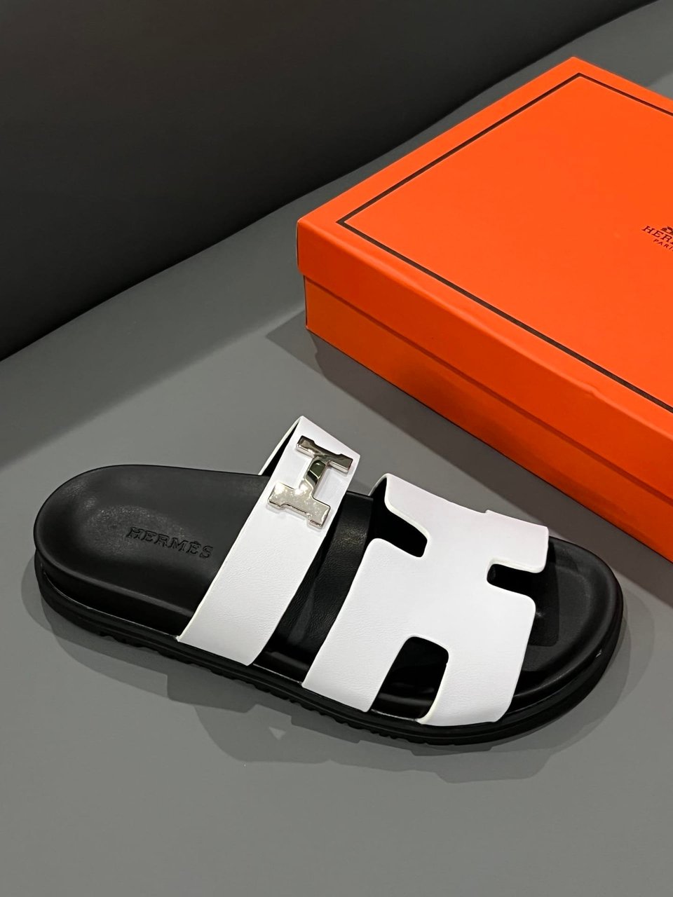 Hermes Chypre Sandal H Logo Silver Hardware White view 7