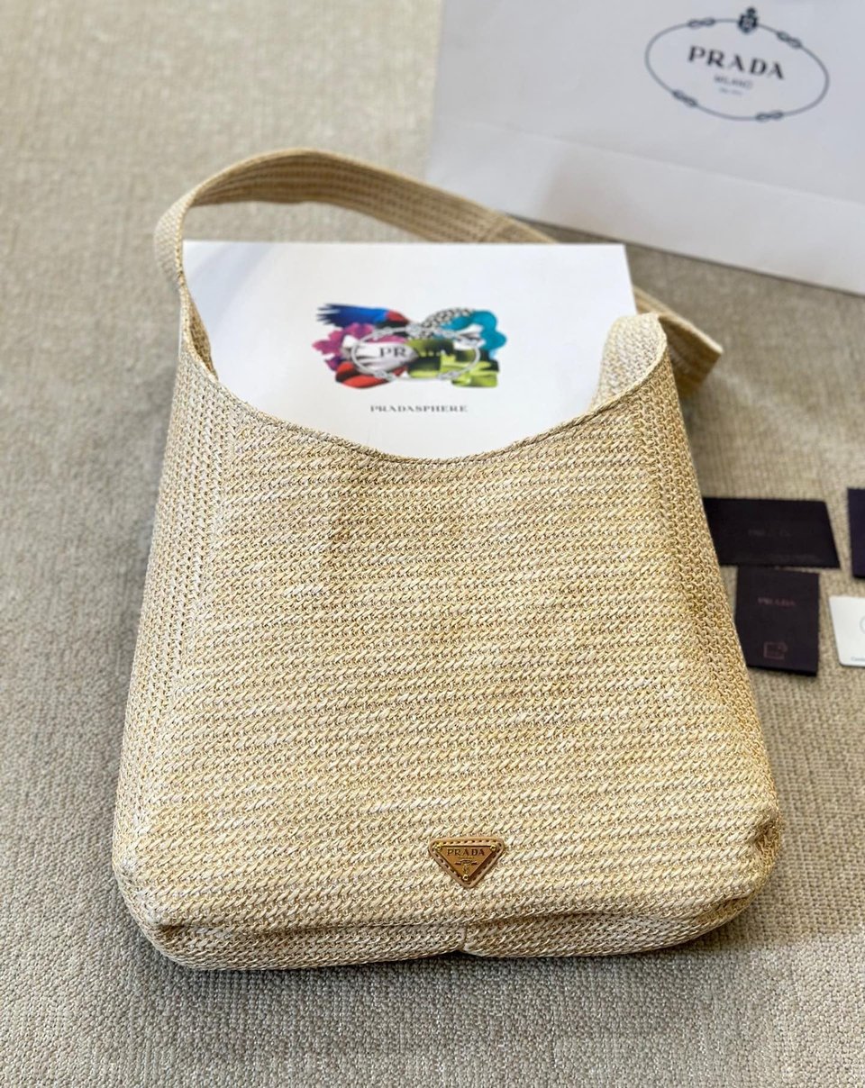 Prada Logo Embossed Raffia Shoulder Bag Beige 33Cm view 3
