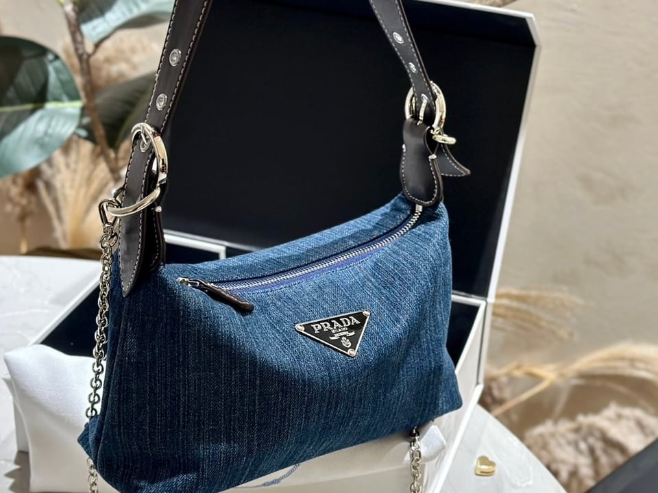Prada Jeans Ring Shoulder Bag Denim Blue 25Cm view 7