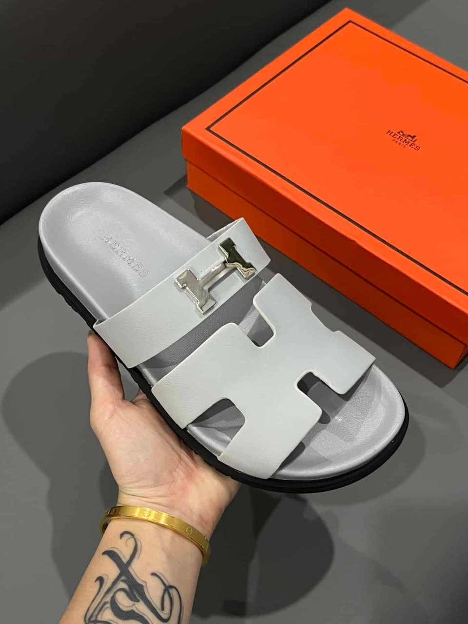 Hermes Chypre Sandal H Logo Silver Hardware Light Grey view 6