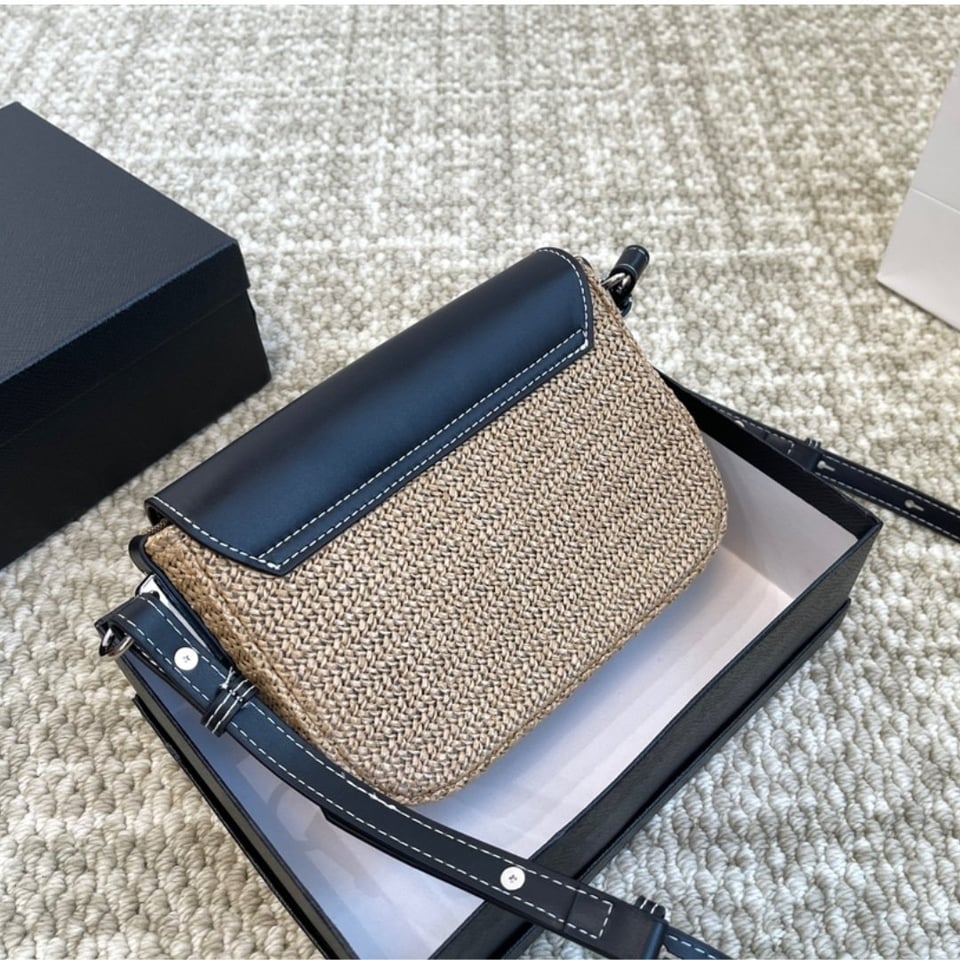 Prada Raffia And Leather Crossbody Bag Naturale Black 20Cm view 5