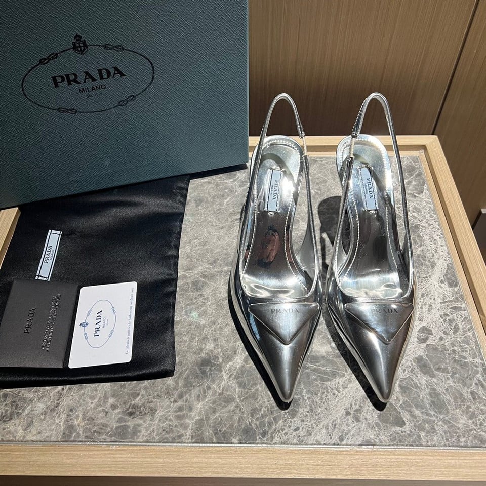 Prada Brushed Leather Slingback Pumps Silver view 4