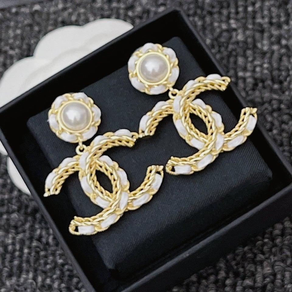 Chanel White Leather And Gold Metal Earrings view 5