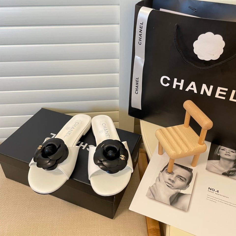 Chanel Black Camellia Slides White view 10