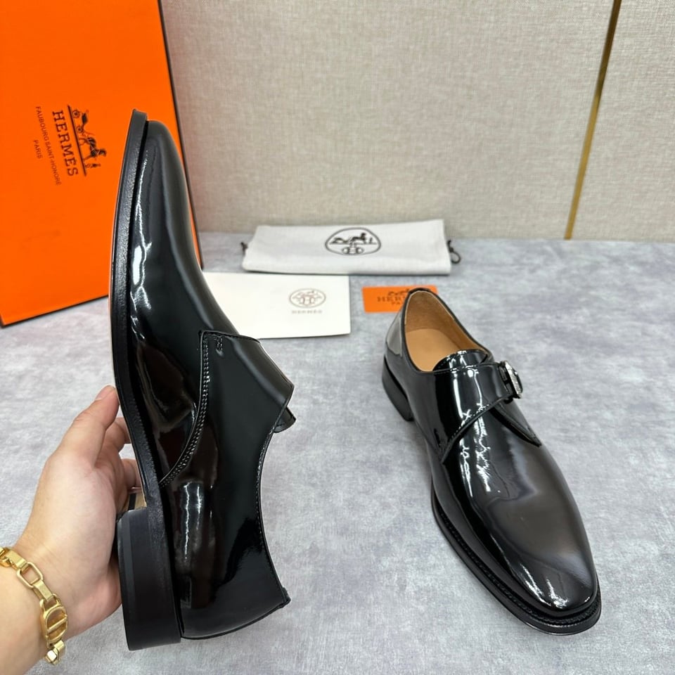 Hermès Black Polished Leather Monk Strap- Shoes for Men view 8