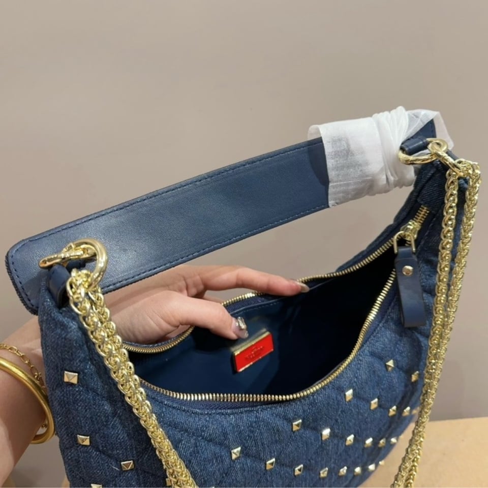 Valentino Garavani Rockstud Spike Denim Hobo Bag In Denim Blue 28Cm 3W2B0M32Bmk view 8
