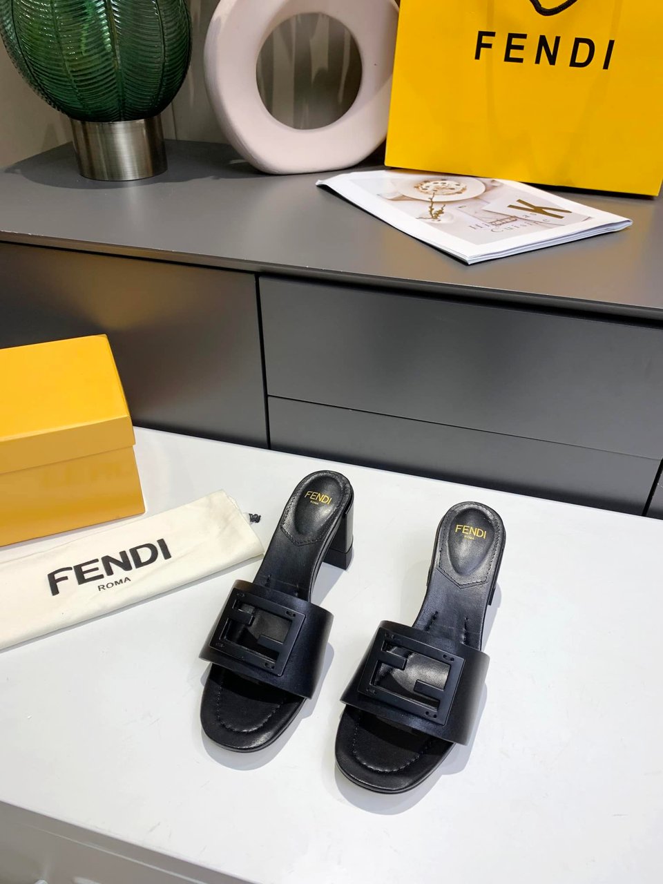 Fendi Signature Leather High Heel Black view 6