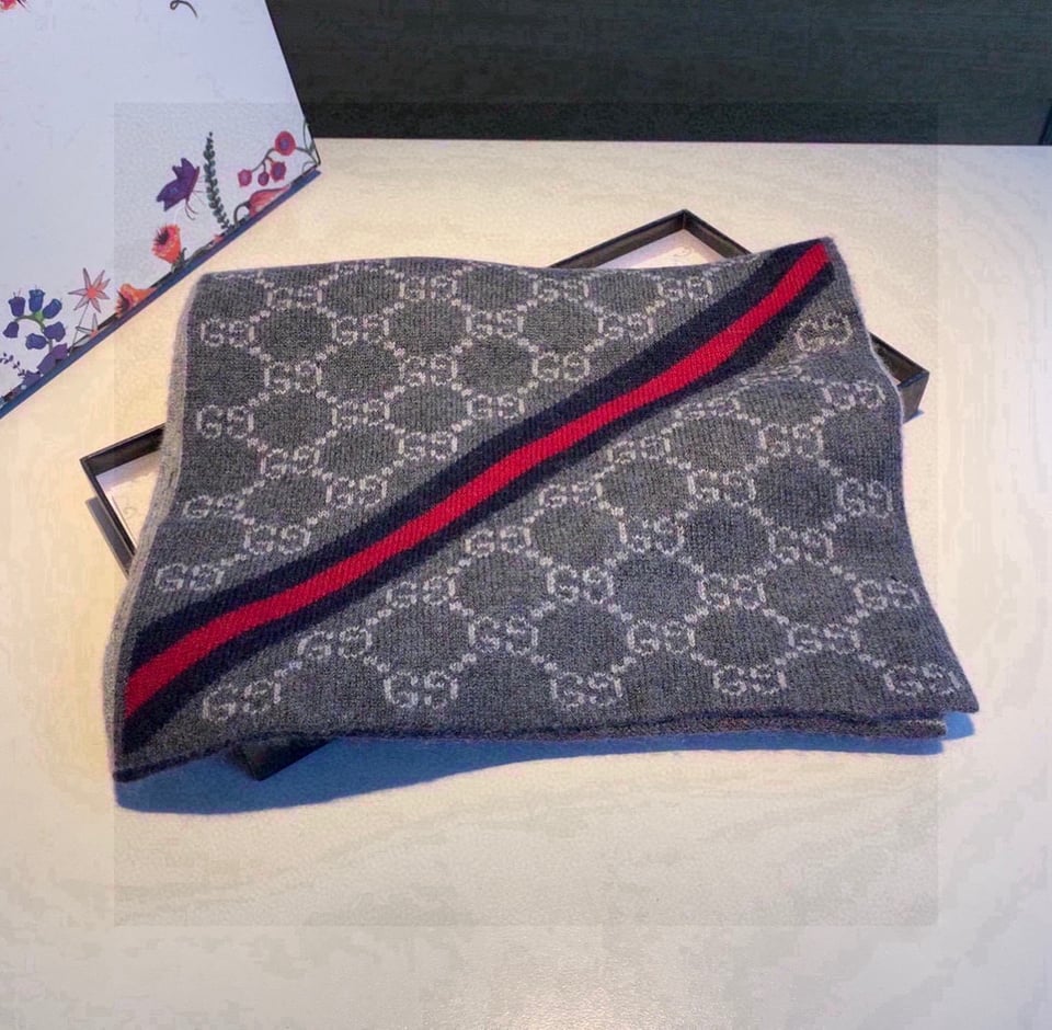 Gucci Cashmere Scarf GG Monogram Stripe Grey For Women 180cm view 4