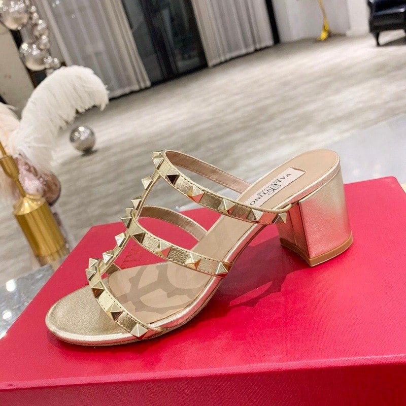 Valentino Garavani Rockstud Caged Metallic Leather Slide Sandals Gold view 6