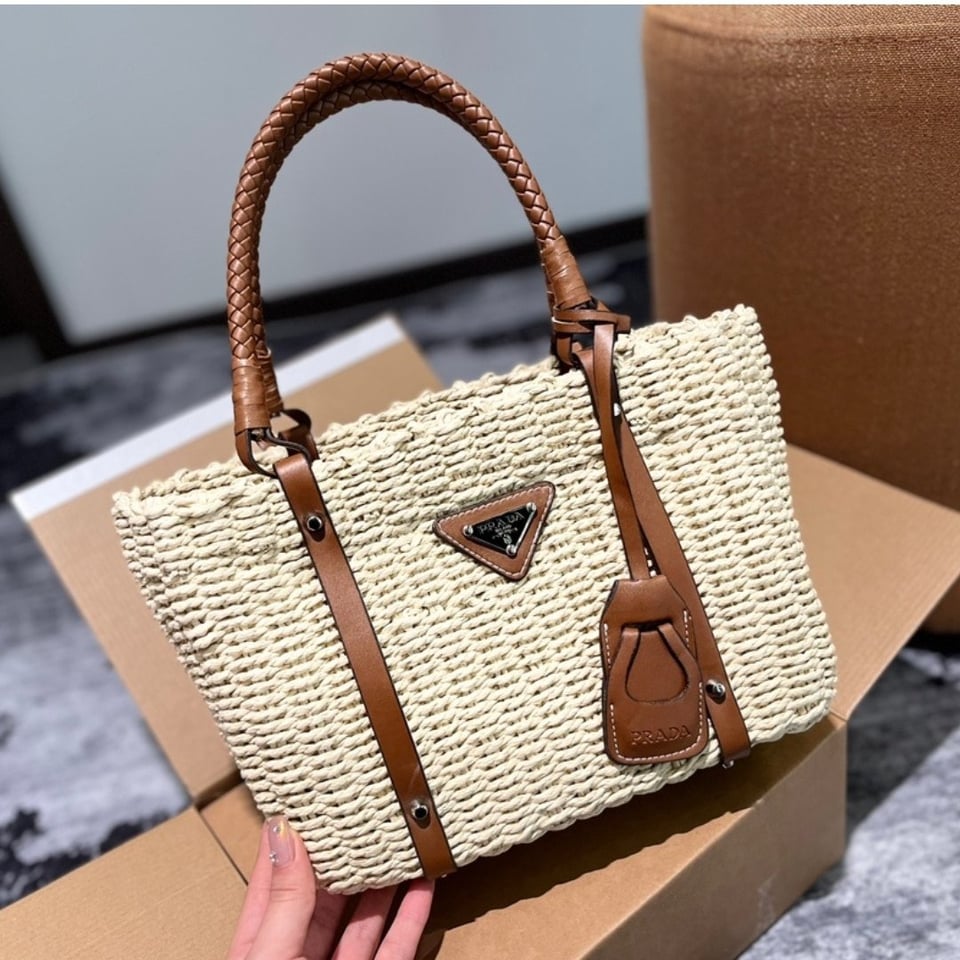 Prada Two Tone Woven Tote Bag In Multi Natural 28Cm view 3
