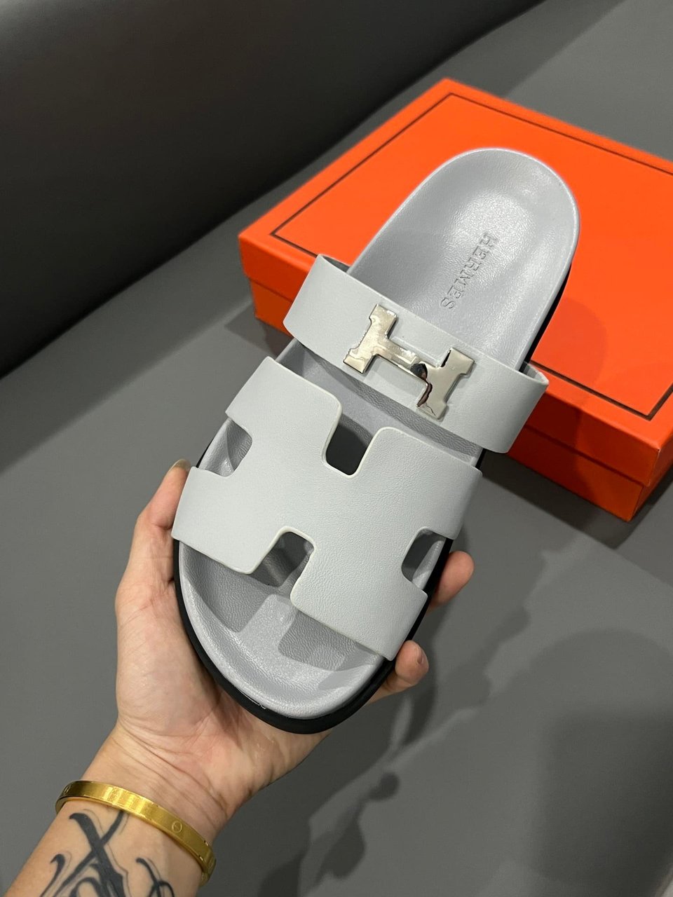 Hermes Chypre Sandal H Logo Silver Hardware Light Grey view 10