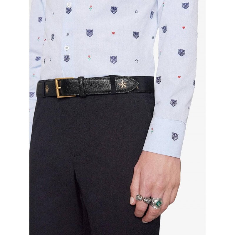 Gucci Calfskin Bees And Stars Print Belt 35mm 495125 Black Unisex view 4
