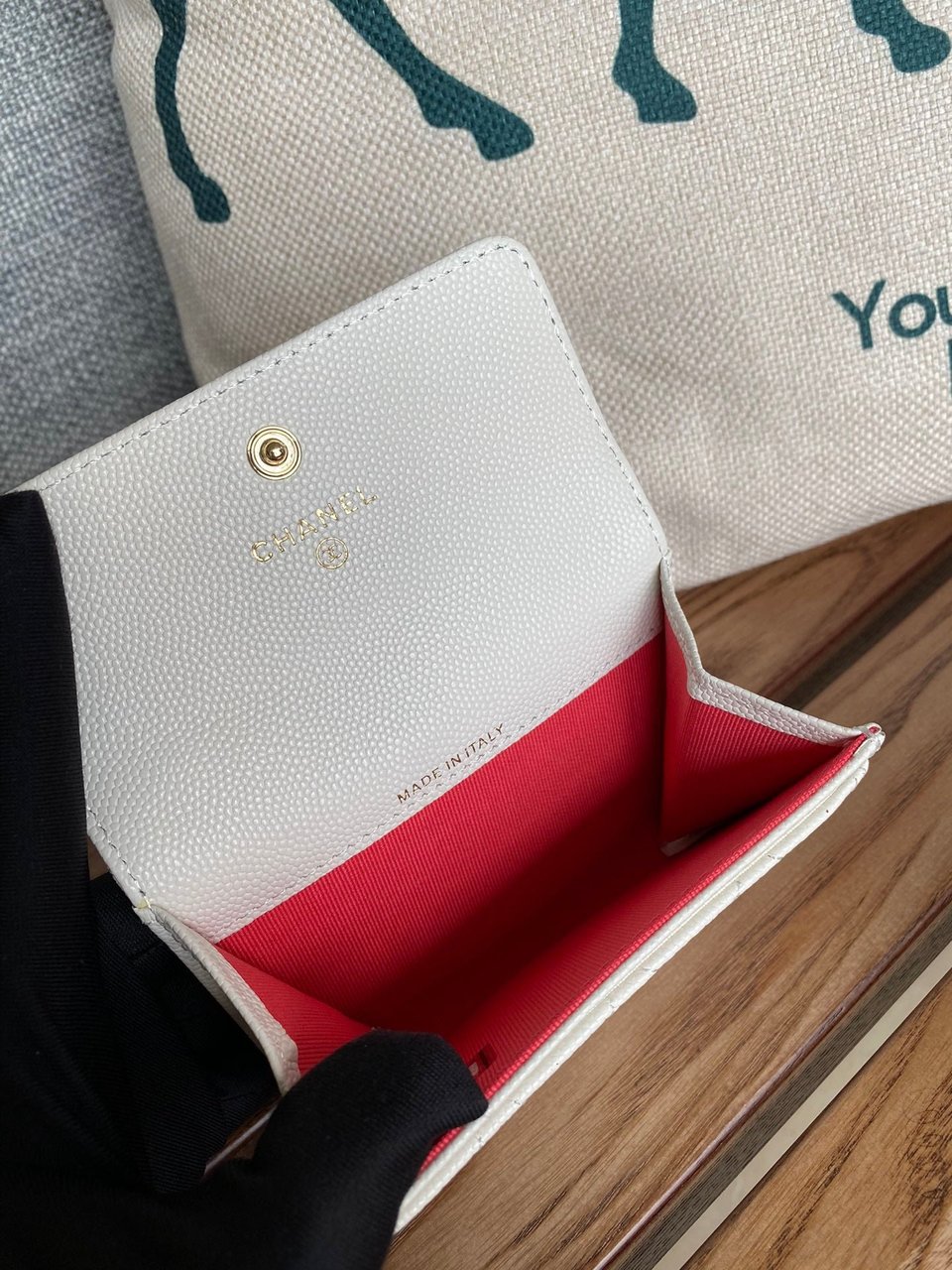 Chanel Small Wallet 11Cm White Caviar Light Gold Hardware view 4