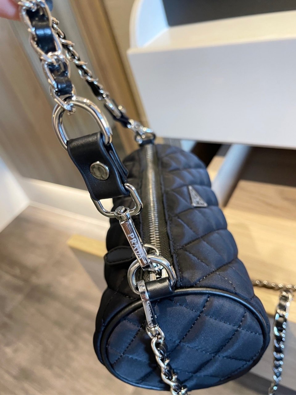 Prada Tessuto Black Quilted Barrel Bag Black 20Cm view 6