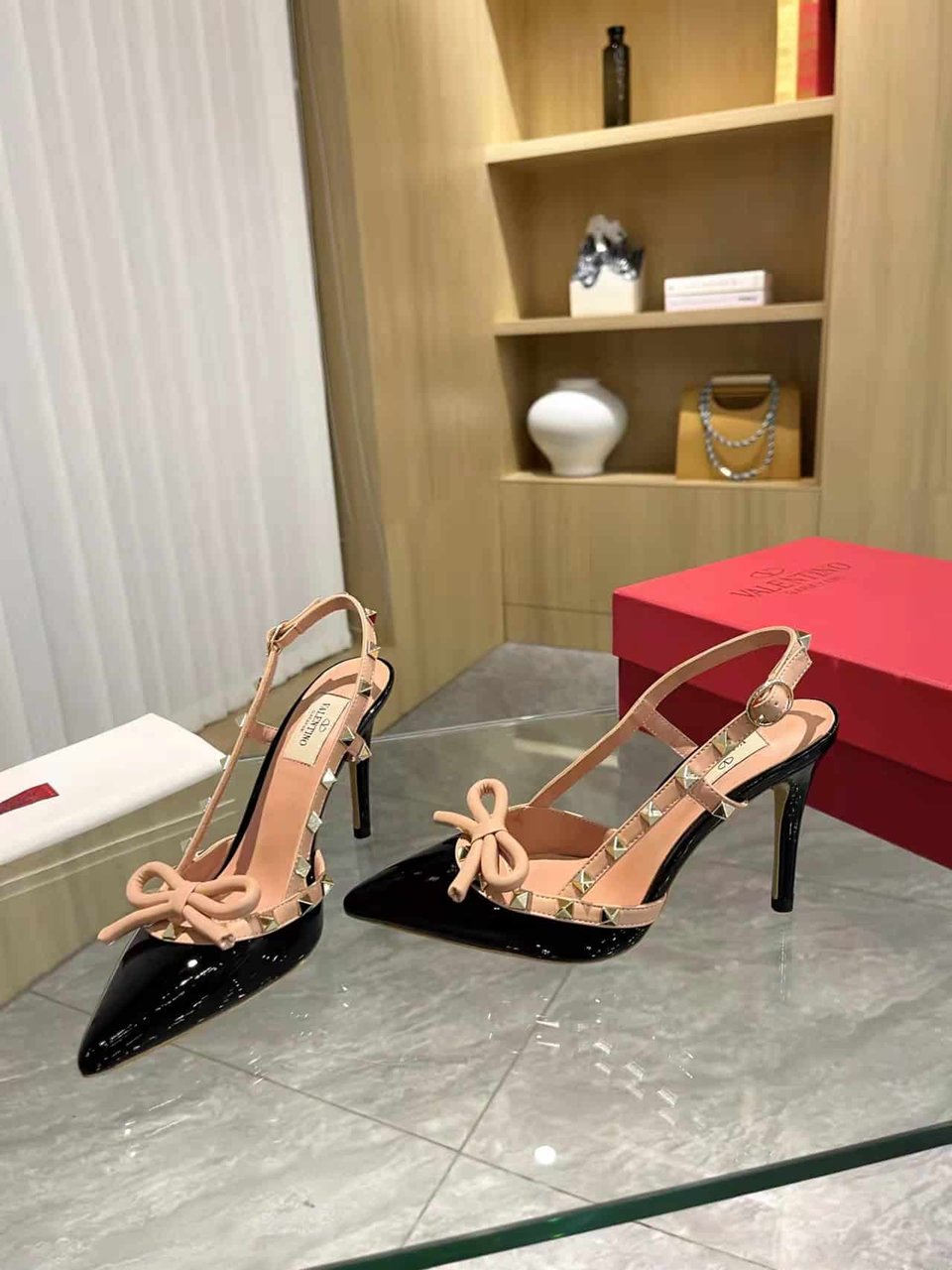 Valentino Rockstud Bow 100 Patent Slingback Pump Black Pink view 7