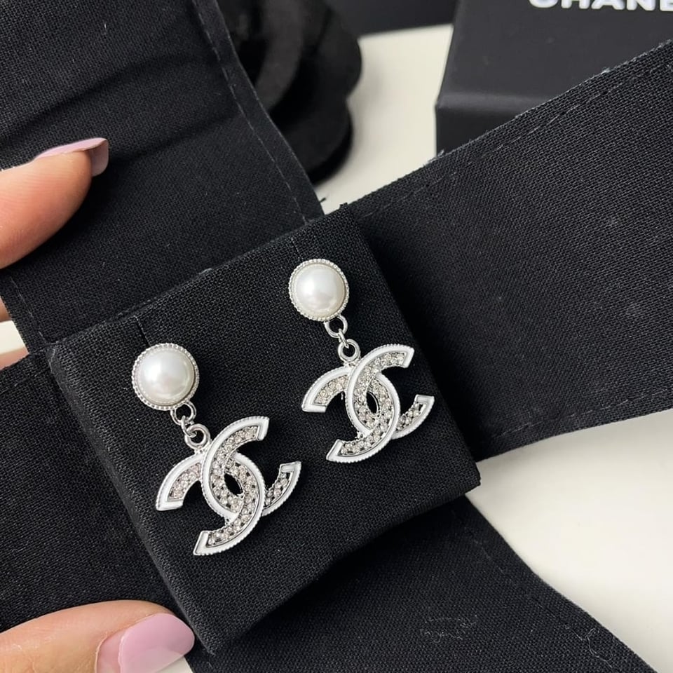 Chanel Double C Pearl Earrings Silver White view 3