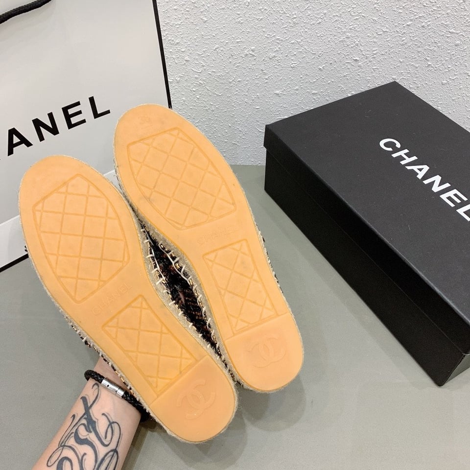 Chanel Tweed Grosgrain Cc Espadrilles Slip On Multicolor Black view 3