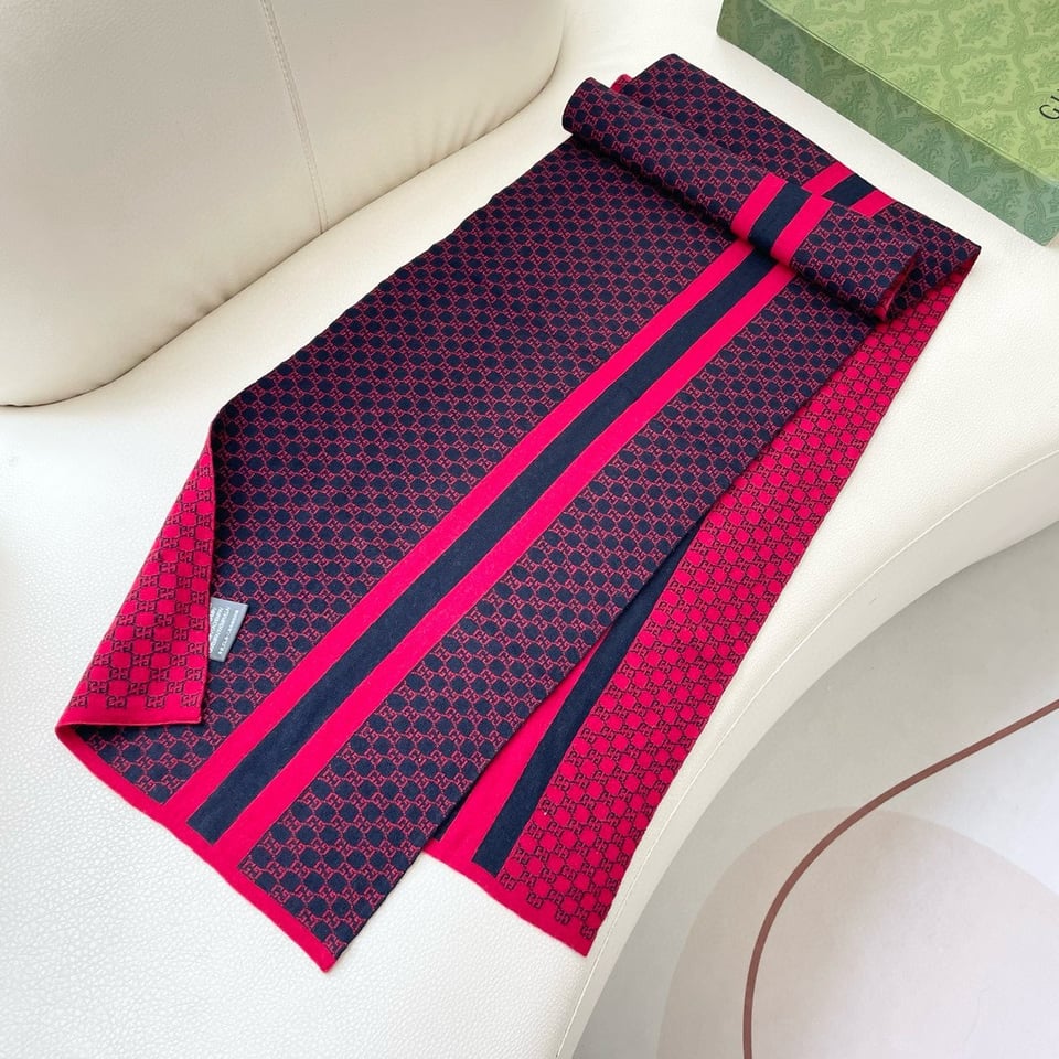 Gucci Cashmere Scarf Pattern Red Navy For Women 180cm view 5